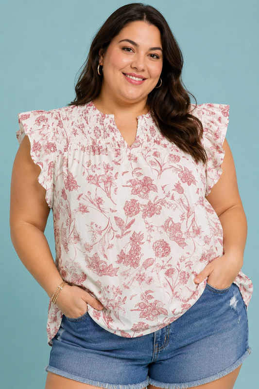 Umgee Full Size Two Tone Boxy Cut Floral Print Blouse Plus Size